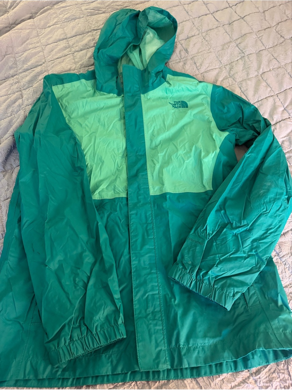 The North Face Teal Green Two-Tone Hooded Rain Jacket Girls XL 14/16